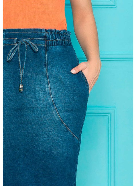 saia marinho denim cos de elastico nitido baixod etalhe