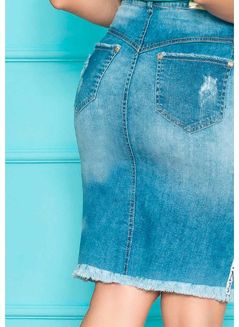 saia jeans bolso funcional e escrita lateral nitido costas baixo detalhe