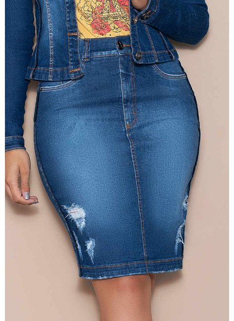 conjunto feminino jeans escuro destroyed nitido baixo