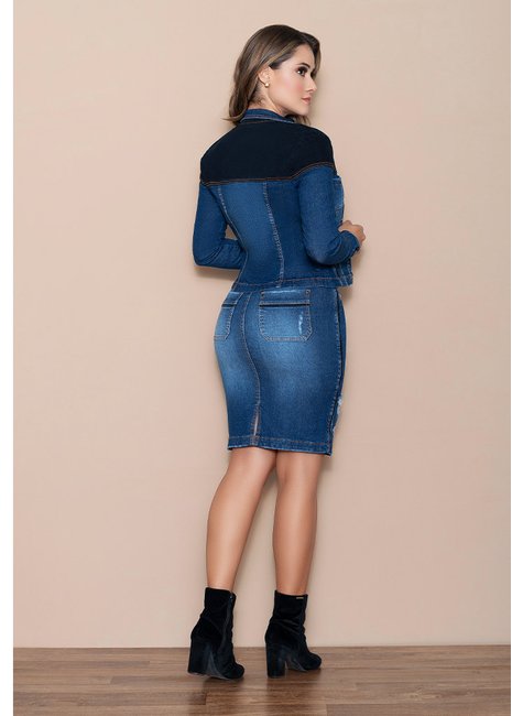 conjunto feminino jeans escuro destroyed nitido costas