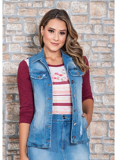 conjunto denim saia e colete nitido jeans cima