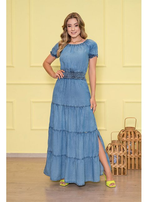 Vestido Longo Jeans Lastex na Cintura e Detalhes em Marias - Main Image