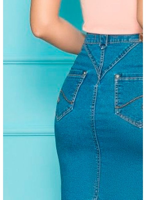 saia jeans tradicional com bolso funcional nitido costas baixo detalhe