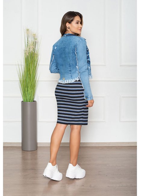 jaqueta jeans com barra destroyed nitido costas