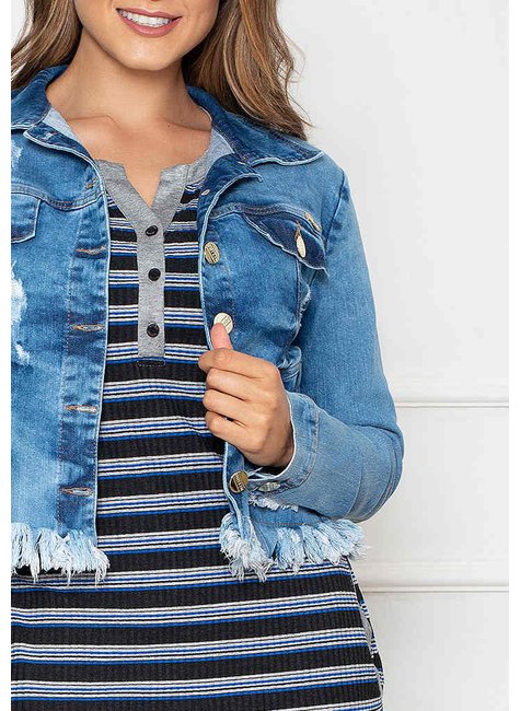 jaqueta jeans com barra destroyed nitido cima detalhe