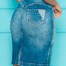 saia denim com recortes contrastados e bolso nitido costas baixo