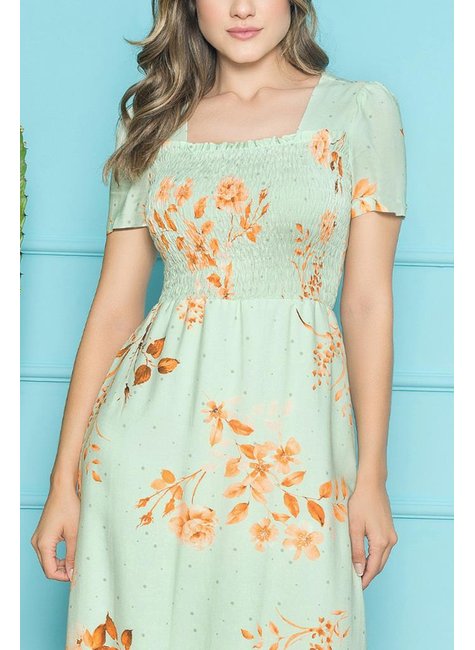 vestido midi detalhe em guipir estampado verde agua nitido jeans 2