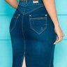 saia jeans azul pespontos claros nitido costas baixo