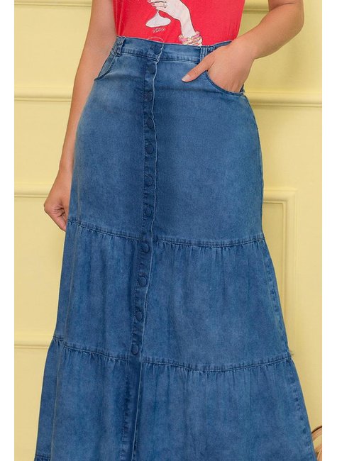 saia longa jeans com babados nitido jeans 3