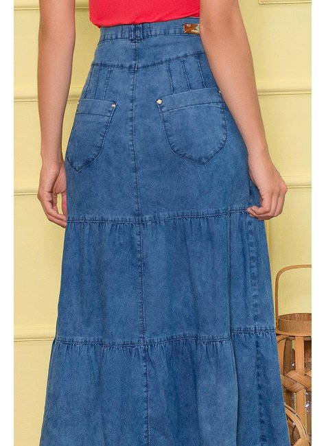 Saia Longa Jeans Com Babados