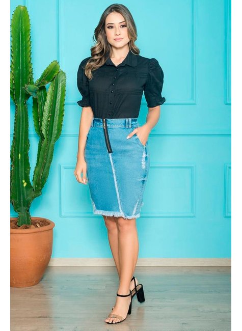 saia jeans reta assimetrica com ziper nitido jeans 8