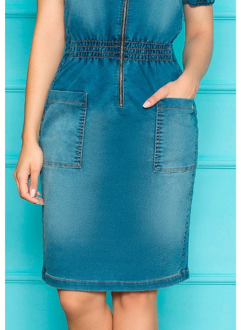vestido jeans manga bufante e ziper frontal nitido baixo