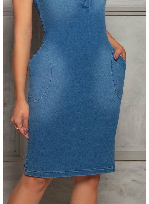 vestido tubinho denim bolso funcional aquila nitido jeans baixo