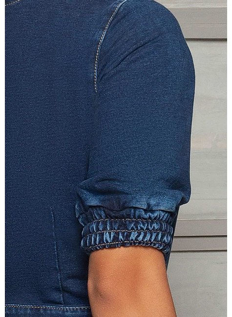 vestido meia manga denim com bolso funcionais nitido jeans costas cima detalhe zoom