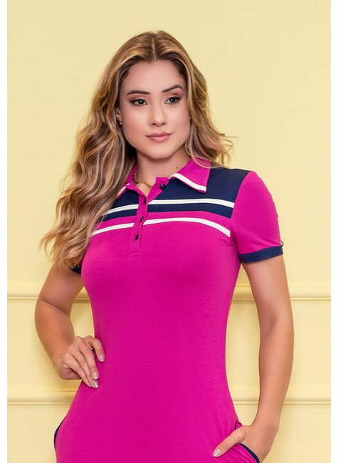 Vestido Gola Polo de Malha Pink Com Bolso Funcional
