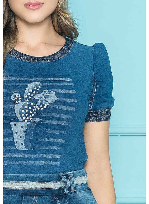 t shirt denim manga princesa com ribana nitido jeans cima detalhe