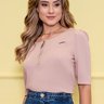 blusa social meia manga com ziper no decote cor rose
