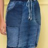 saia denim escuro cos de elastico nitido baixo