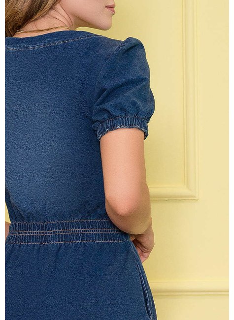 vestido tubinho denim detalhe de amarracao nitido costas cima detalhe