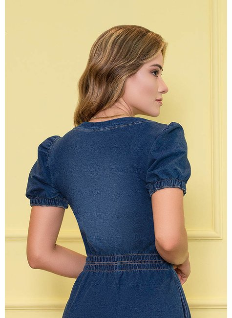 vestido tubinho denim detalhe de amarracao nitido costas cima