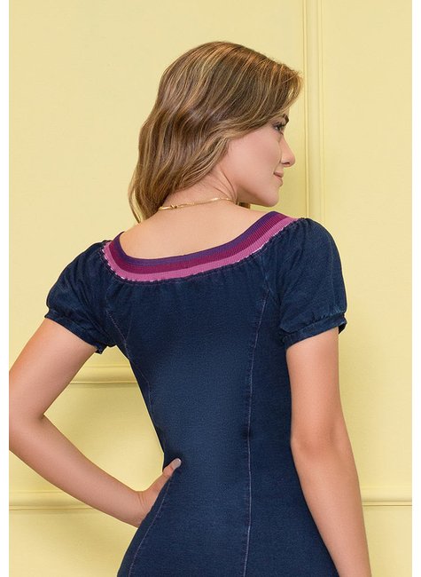 vestido denim escuro decote ombro a ombro nitido costas cima