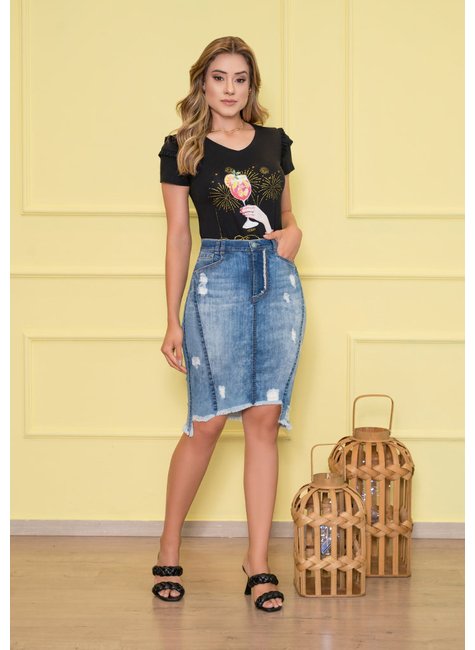 saia jeans recorte assimetrico na barra nitido