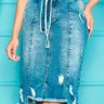 saia jeans destroyed com faixa para amarracao nitido baixo
