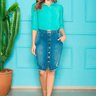saia jeans com cinto botoes frontais nitido