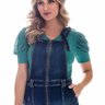 salopete jeans com ziper frontal nitido frente cima